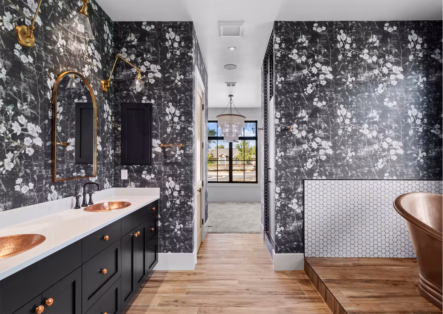 Draper home bathroom with dark floral wallpaper, copper sinks and a black vanity